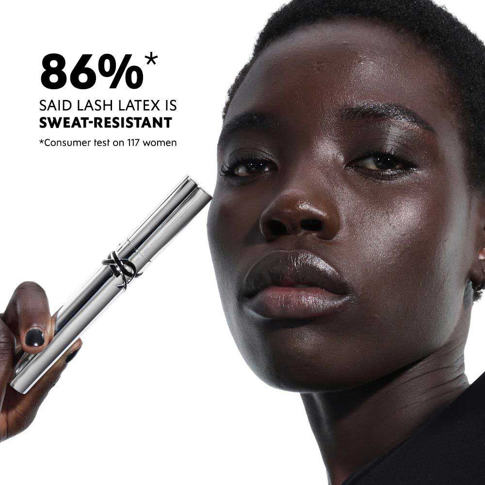 YSL Lash Latex Mascara product shot with logo on black background.