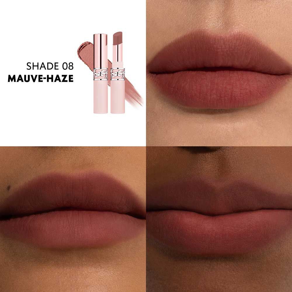 YSL LOVENUDE Lip Blusher, shade 8. Multiframe close-up of lips wearing the product.