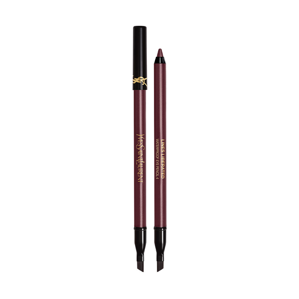 Two YSL Lines Liberated Waterproof Eye Pencils in Unrestricted Plum shade, one open and one closed, showcasing their luxurious design.