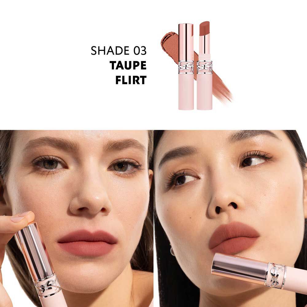 Model wearing YSL LOVENUDE LIP BLUSHER shade 03 Taupe Flirt with soft matte finish.