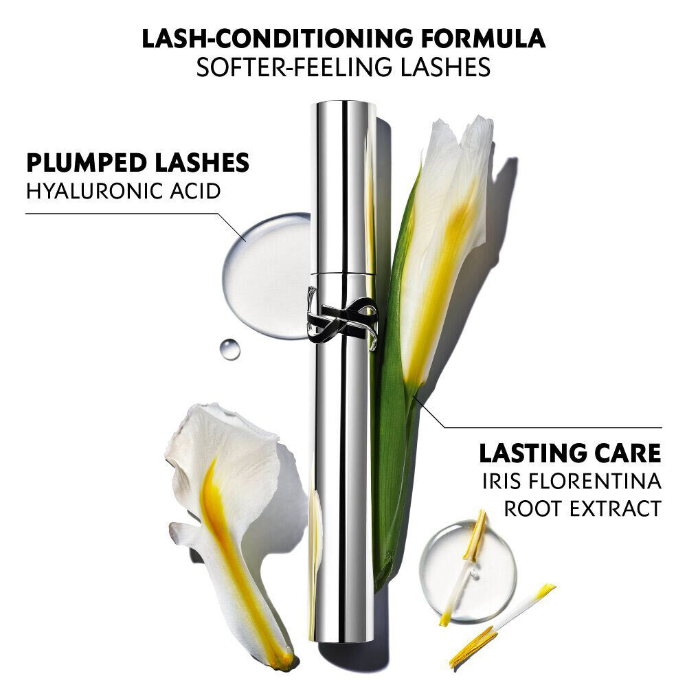 Eye close-up showing lifted, voluminous lashes after using YSL Lash Latex Mascara.