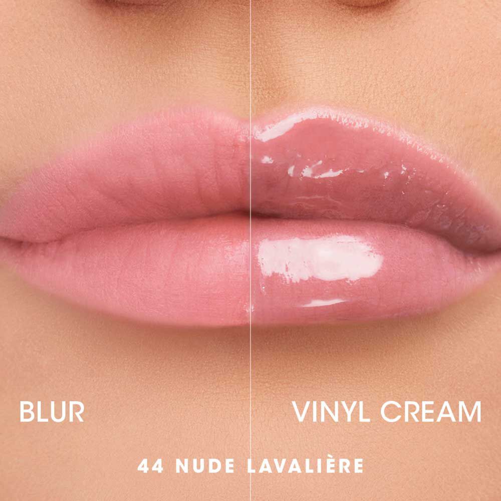 Side-by-side comparison of matte blur vs. vinyl cream finishes with YSL lip stains