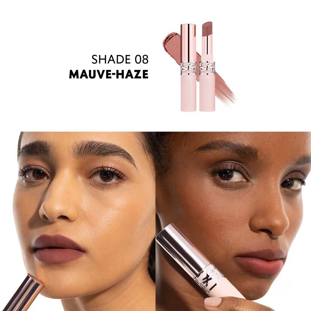 Model wearing YSL LOVENUDE LIP BLUSHER shade 08 Mauve-Haze with soft matte finish.