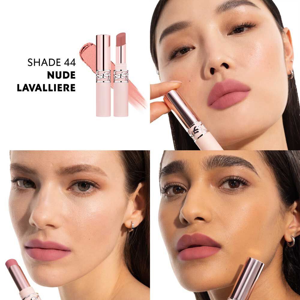 Model wearing YSL LOVENUDE LIP BLUSHER shade 44 Nude Lavalliere with soft matte finish.