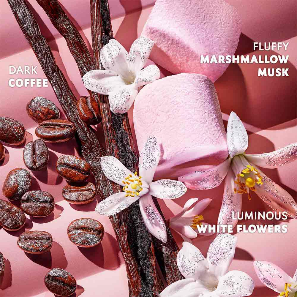 Black Opium Eau de Parfum Glitter key notes – dark coffee, fluffy marshmallow musk, and luminous white flowers for a gourmand and floral scent