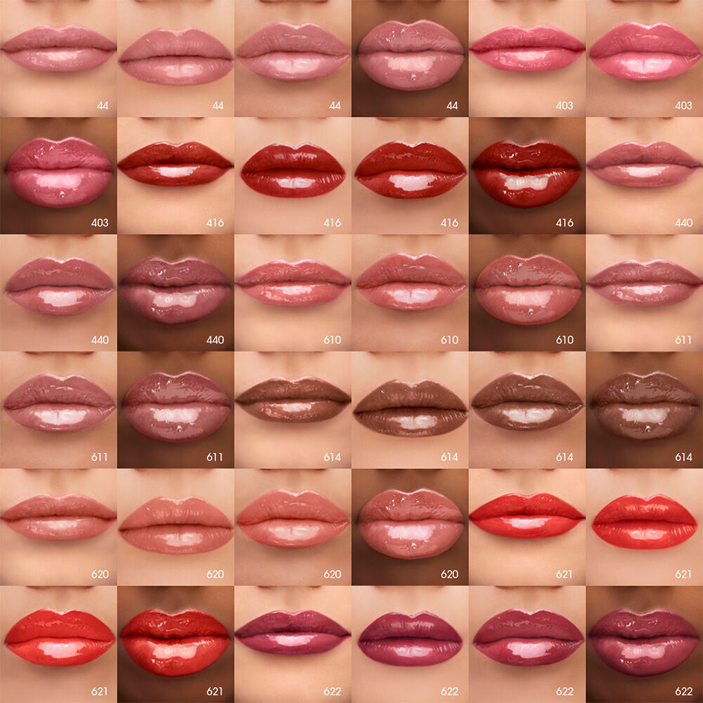 Close-up of lips wearing YSL The Inks Vinyl Cream liquid lipstick in various shades with a glossy effect