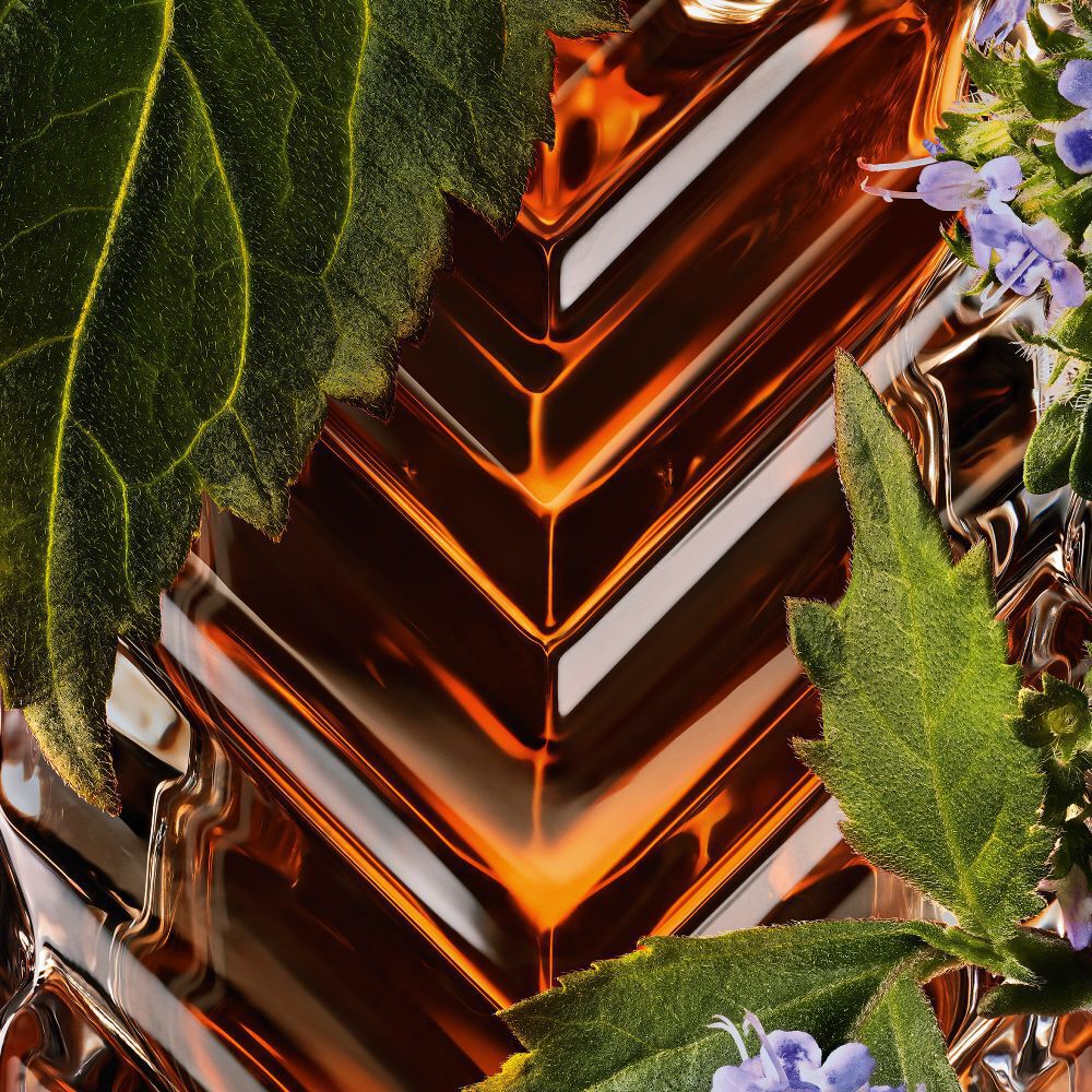 Abstract close-up of YSL Tuxedo Extrait de Parfum bottle's textured glass, framed by vibrant patchouli leaves and flowers.