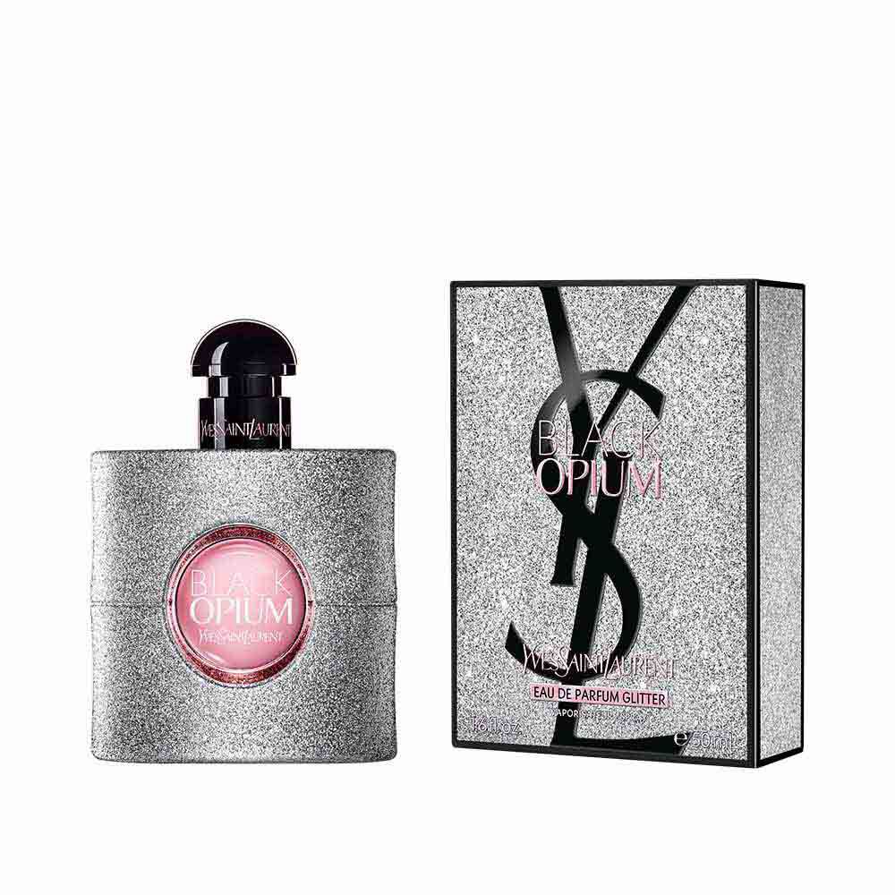 YSL Black Opium Eau de Parfum Glitter bottle and packaging – a glamorous fragrance with a sparkling silver bottle and sensual scent notes