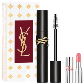 YSL Lash Clash mascara gift set with black mascara, mini pink lipstick, and Holiday box.