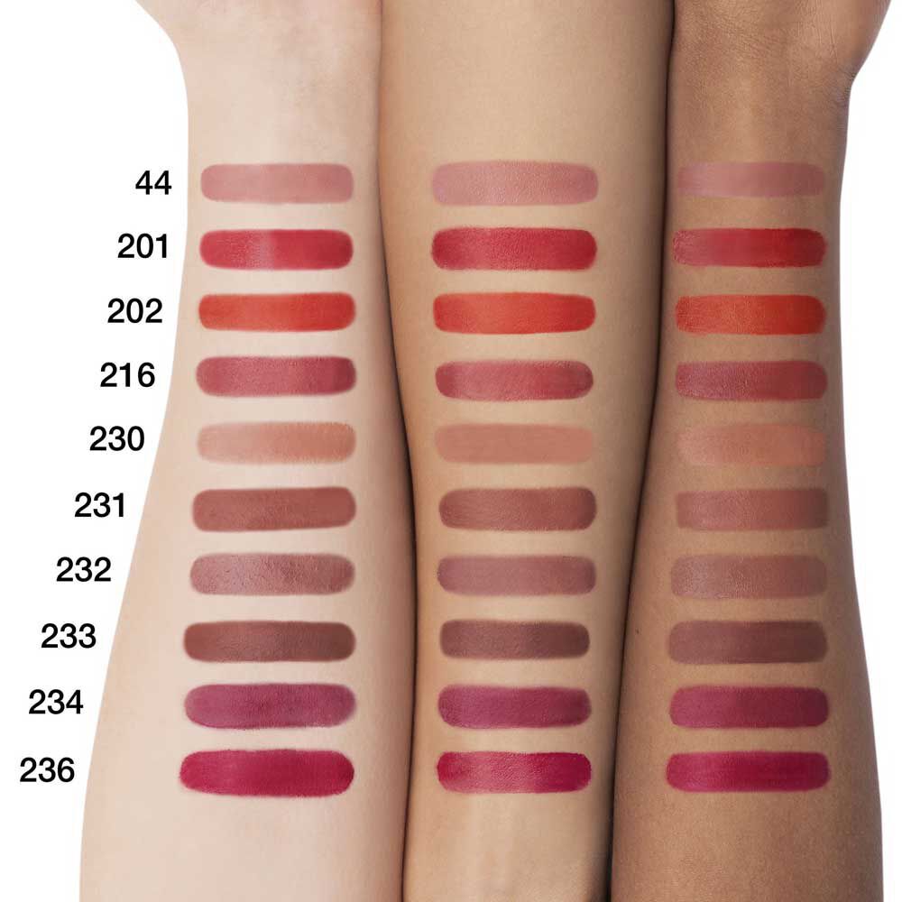 Swatches of YSL The Inks Blur matte lipstick on three different skin tones