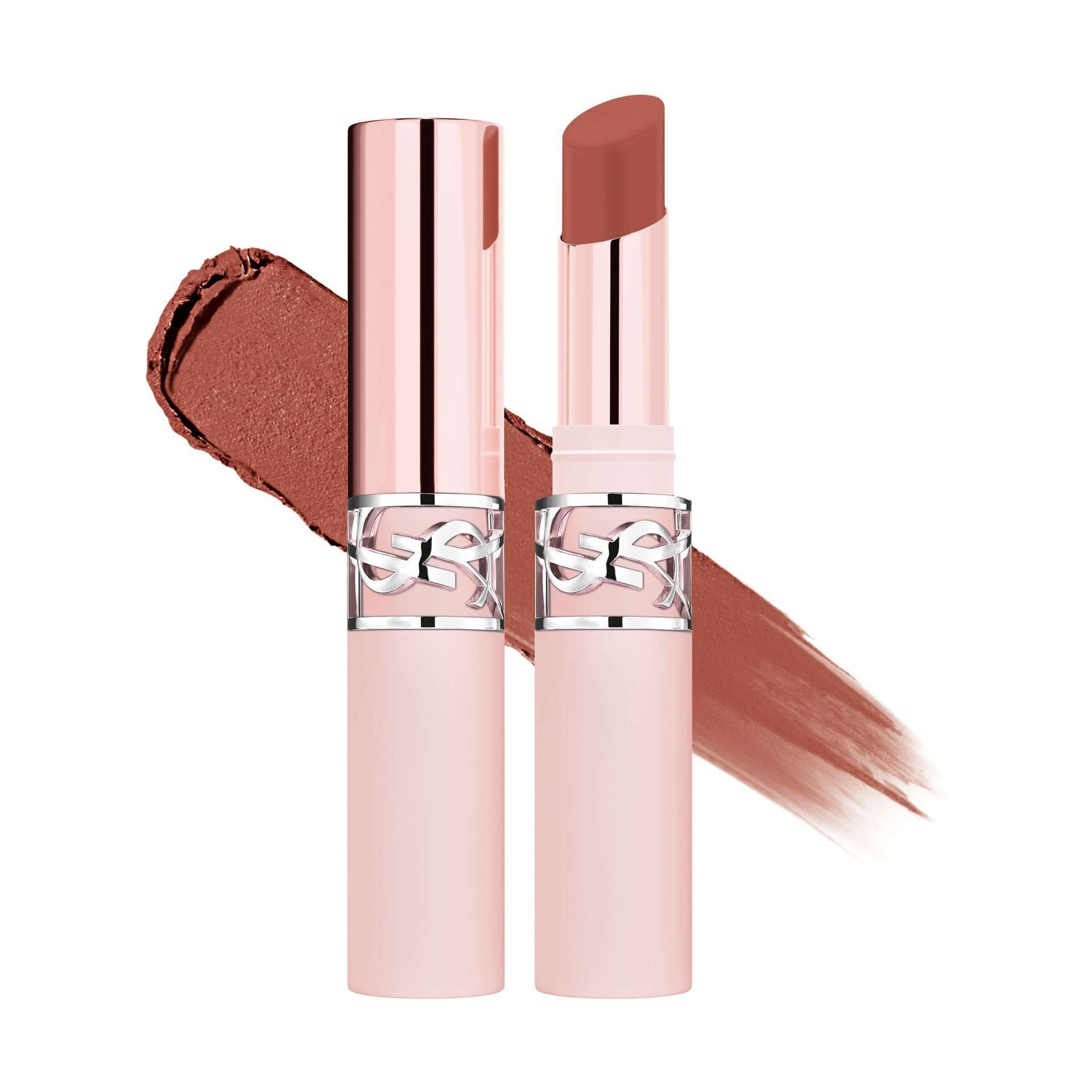 YSL LOVENUDE Lip Blusher, shade 03 Taupe Flirt. Packshot of opened and closed product with swatch.