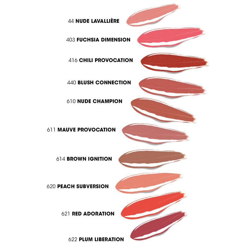 Shade range of YSL The Inks Vinyl Cream lip stain, featuring 10 colors from nude to red and brown