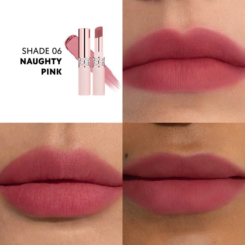 YSL LOVENUDE Lip Blusher, shade 6. Multiframe close-up of lips wearing the product.