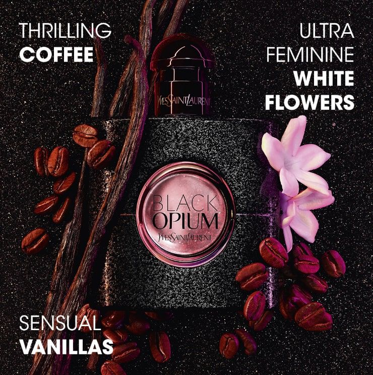 YSL Black Opium fragrance with coffee beans, vanilla, and white flowers