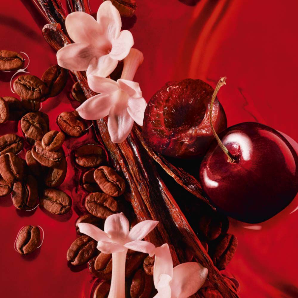 Close-up of coffee beans, vanilla sticks, jasmine flowers, and juicy cherry notes