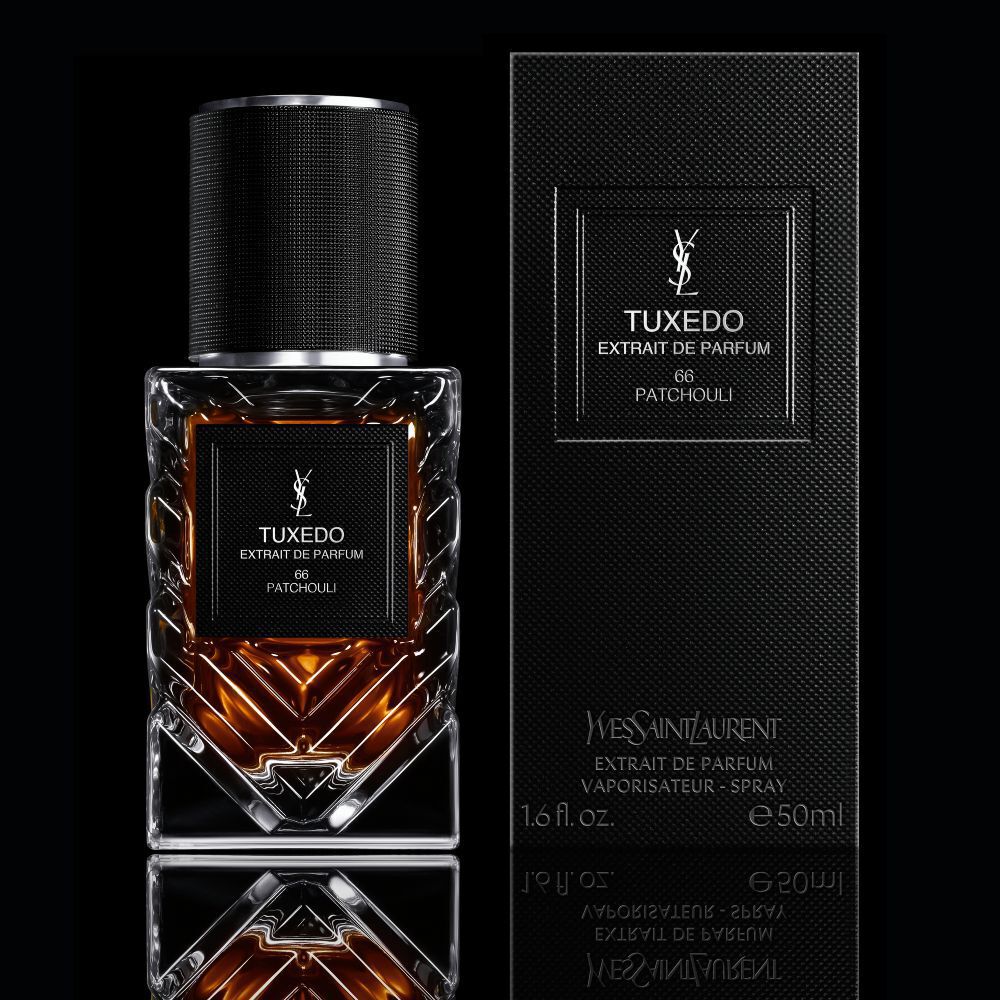 YSL LVDP Tuxedo Extrait de Parfum 66 Patchouli 50ml bottle and its elegant textured box on a black background.