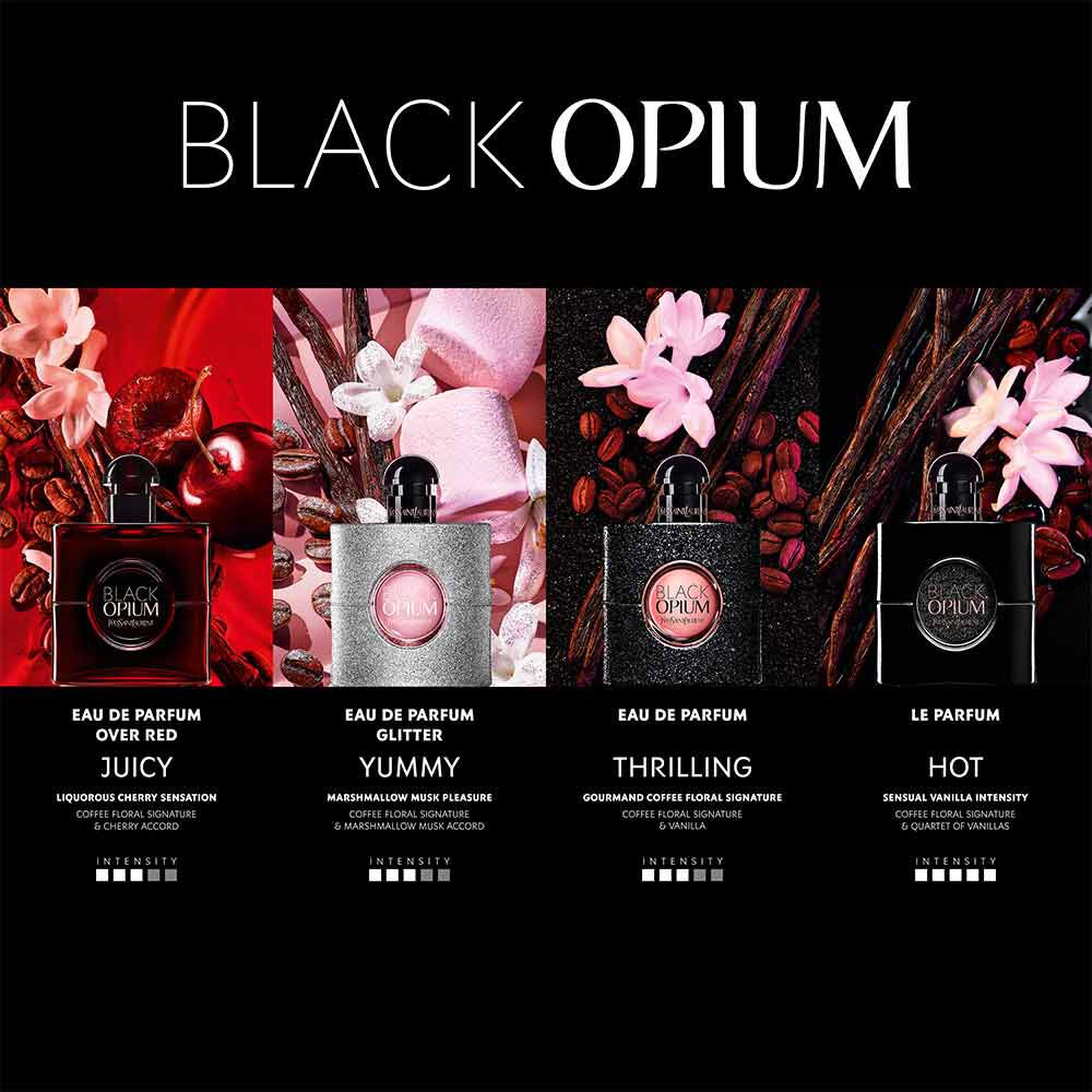 YSL Black Opium fragrance collection – showcasing Eau de Parfum Glitter, Over Red, Classic, and Le Parfum variations.
