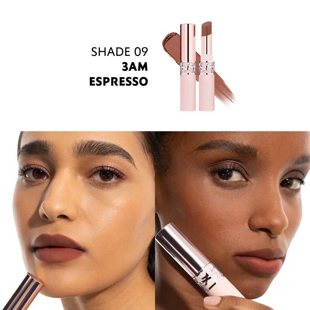 Model wearing YSL LOVENUDE LIP BLUSHER shade 09 3AM Espresso with soft matte finish.