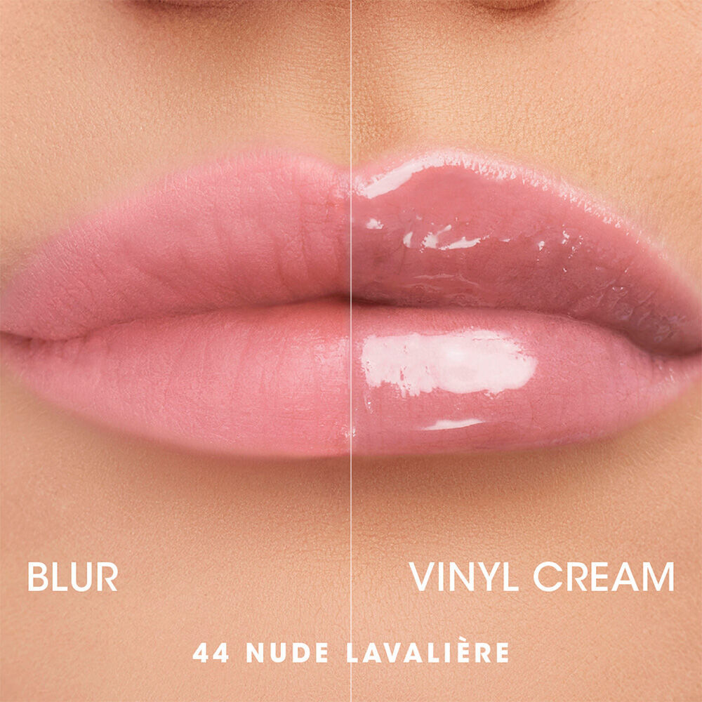 Comparison of lips wearing YSL The Inks Vinyl Cream liquid lipstick vs. a matte finish for texture contrast