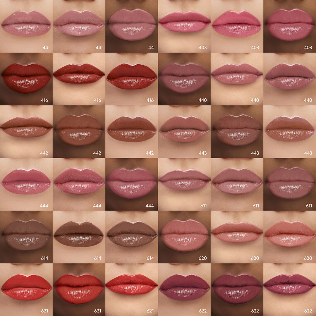 Model wearing a bold red YSL The Inks Vinyl Cream liquid lipstick with intense shine and vibrant color