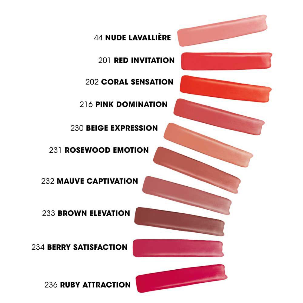 Shade range of YSL The Inks Blur lip tint, showcasing 10 matte colors from nude to bold red