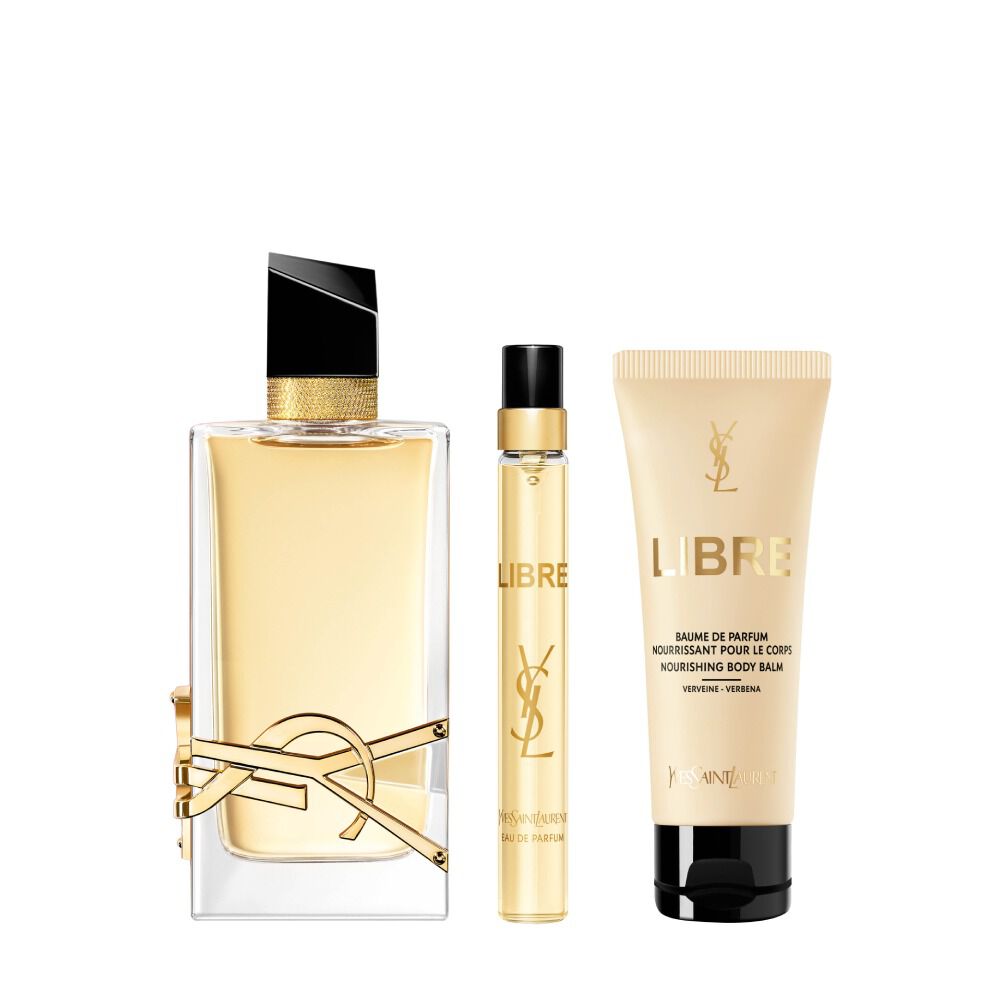 Libre Eau de Parfum 90 ml bottle beside a 10 ml travel spray and body lotion tube (50 ml) on a white background.