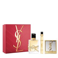 YSL Libre Trio Spring Set with gift box, Libre Eau de Parfum 50 ml, 10 ml travel spray and mirror on a white background.