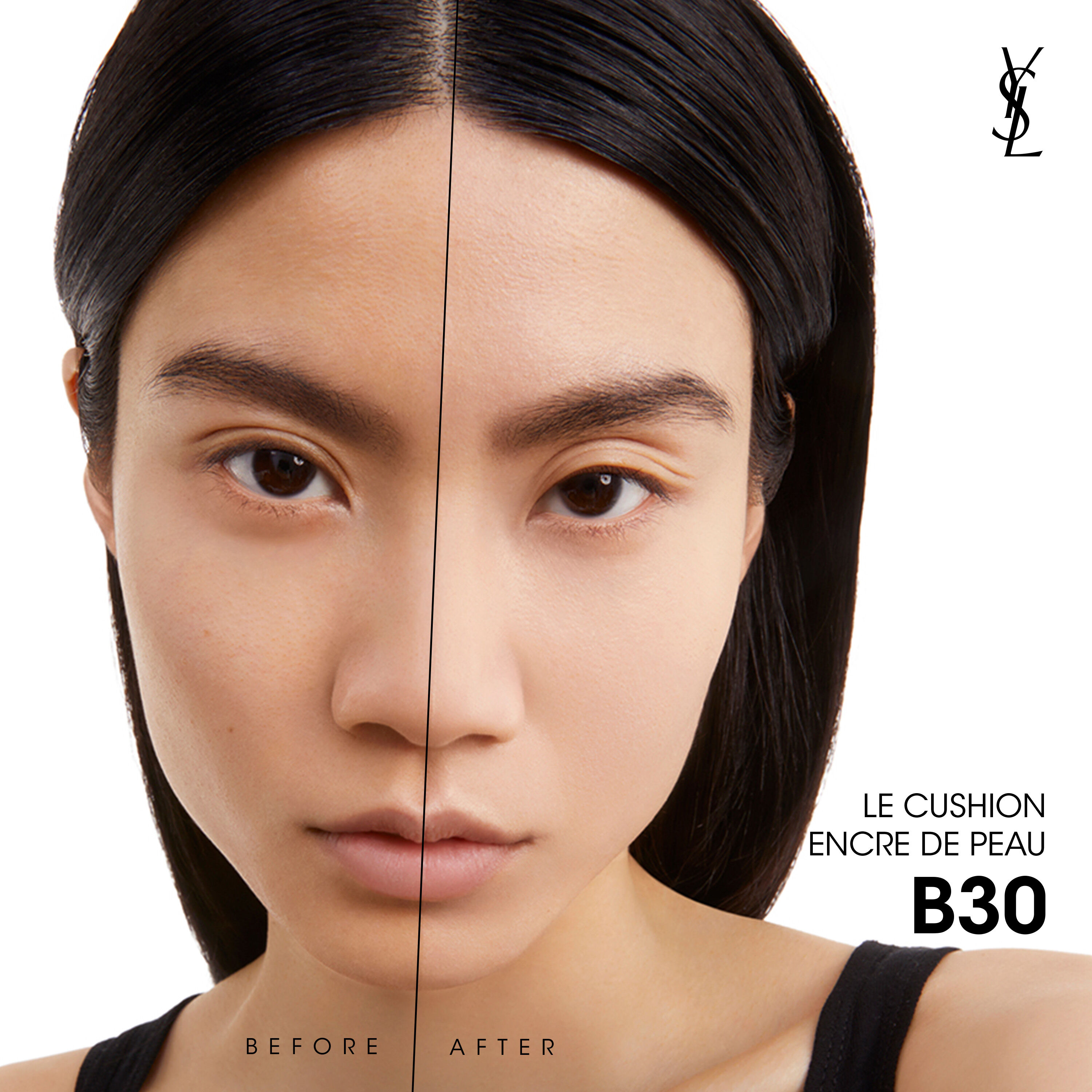 Before and after comparison of YSL Le Cushion Encre de Peau in shade B30 showing even coverage and radiant matte finish