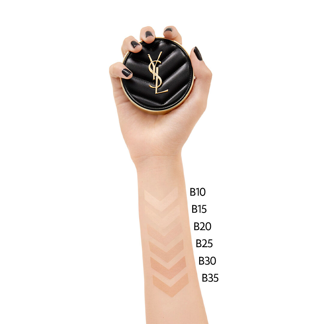 YSL Le Cushion Encre de Peau shade range displayed on the arm featuring B10 B15 B20 B25 B30 and B35