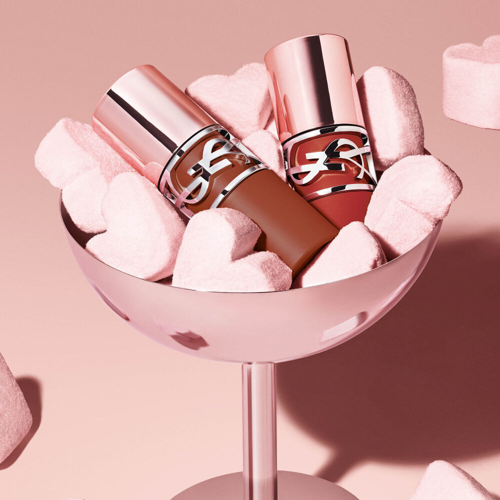 YSL LOVENUDE LIP STAIN shades presented in a marshmallow cup to illustrate the bouncy and cushiony texture.