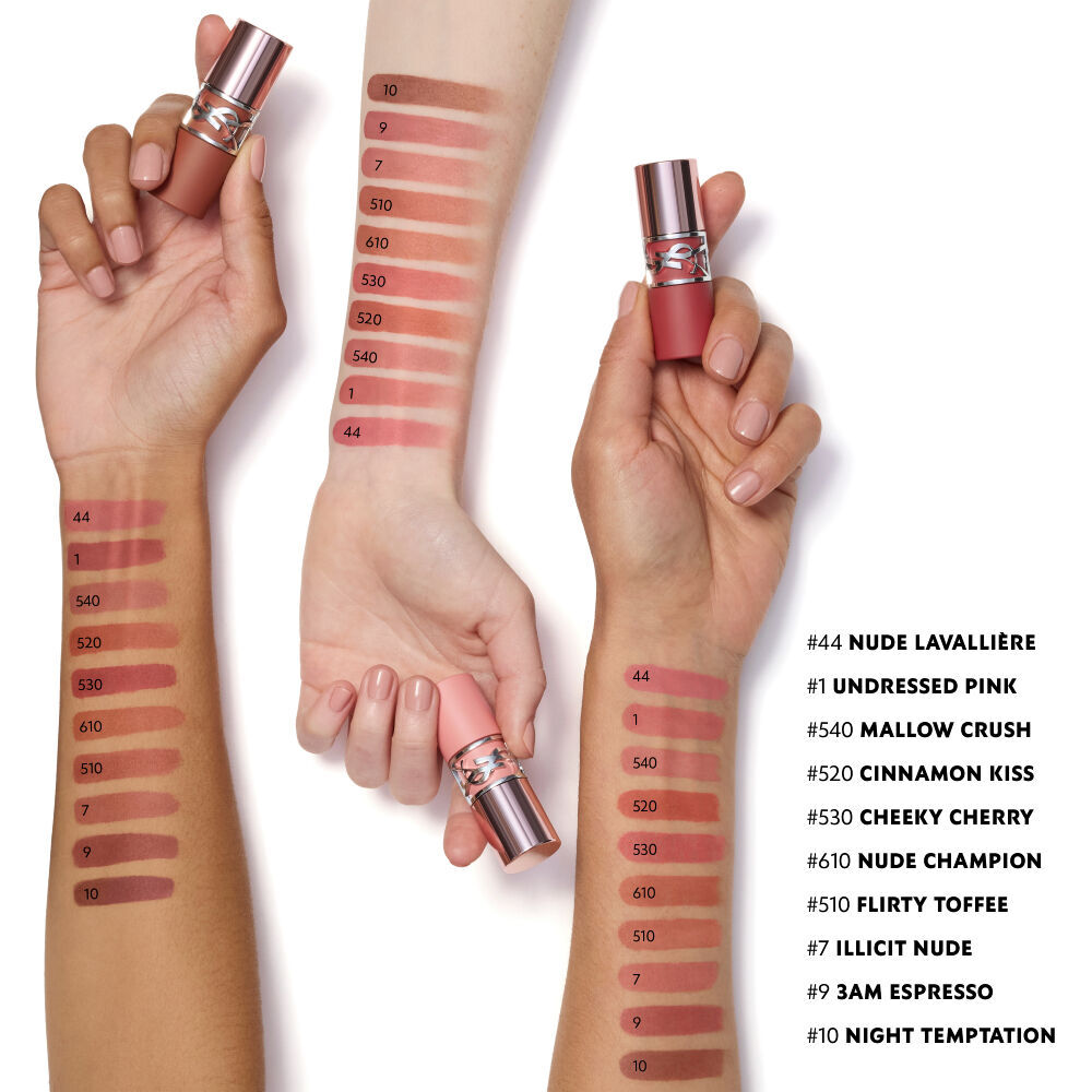 YSL LOVENUDE LIP STAIN 10-shade swatches on 3 skin tones for a natural soft-blurred finish.