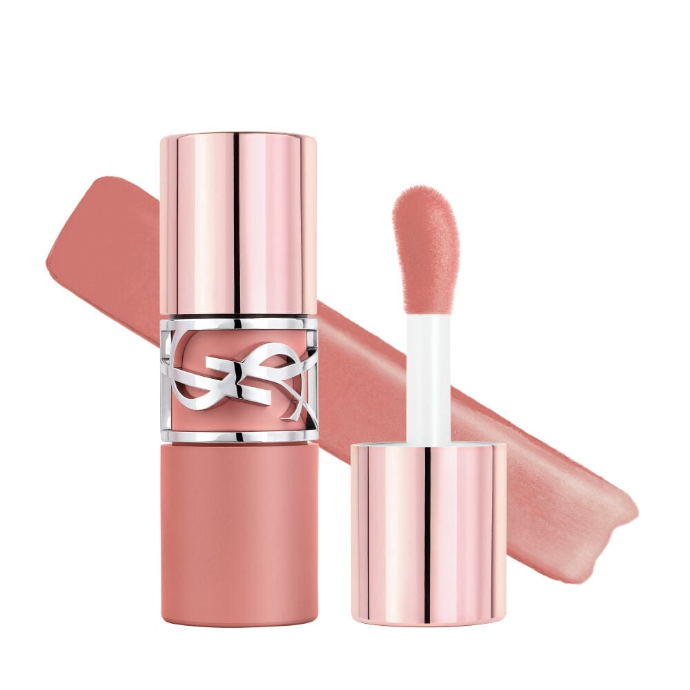 YSL LOVENUDE LIP STAIN packshot and applicator for a soft-blurred finish in shade 01.