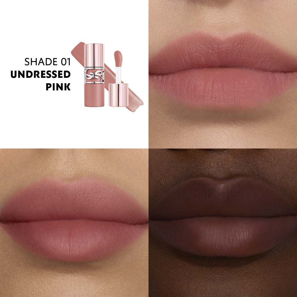 YSL LOVENUDE LIP STAIN in Shade 01 Undressed Pink shown on three different skintones.