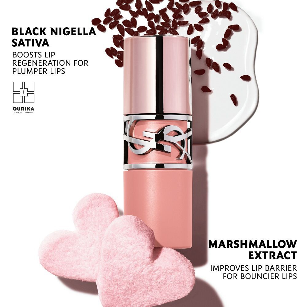 YSL LOVENUDE LIP STAIN with Black Nigella Sativa oil and pink heart marshmallows.