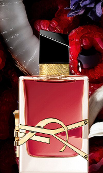 Libre Berry Crush bottle with gold YSL logo and deep red juice.