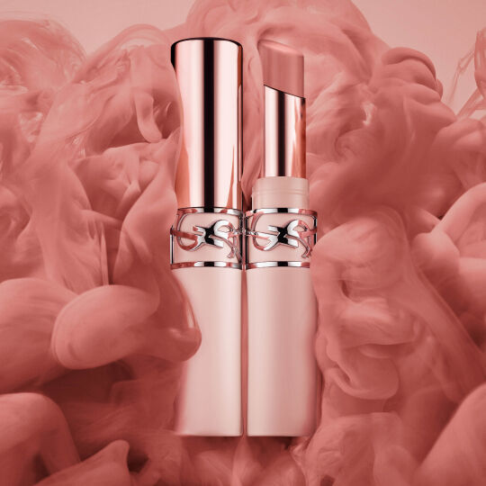 YSL LOVENUDE Lip Blusher, shade 44. Digital still life of two lip blushers in a 'duo nuage' composition.