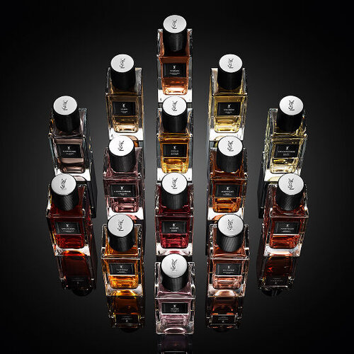 Top view of the complete Le Vestiaire des Parfums collection bottles arranged by YSL Beauty.