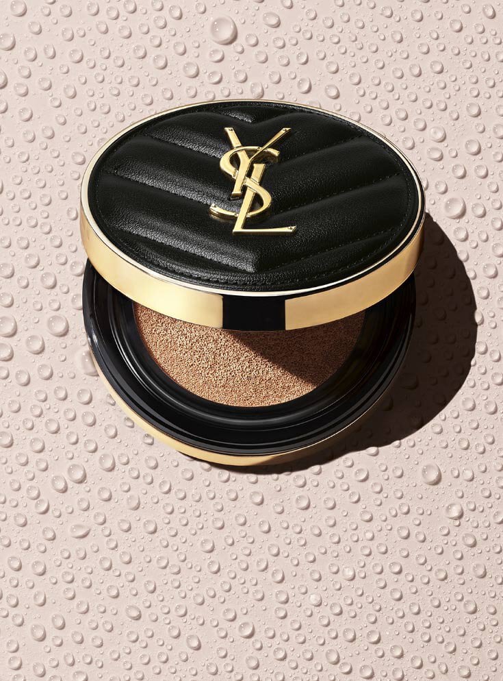 YSL Le Cushion Encre de Peau open emphasizing hydrating ingredients like jasmine squalene and polyglutamic acid