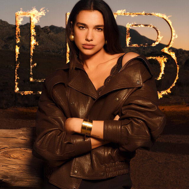 Dua Lipa with long dark hair wearing a black blouse, standing against a pink sunset landscape background.