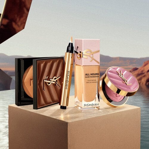YSL LOVENUDE Lip Blusher, shade 44. Digital still life of two lip blushers in a 'duo nuage' composition.