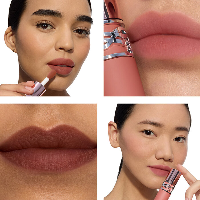 Adrienne holding YSL LOVENUDE Kiss Shaper 26 in Shade 104, full- face shot on a white background. Merna's lips with YSL LOVENUDE Lip Blusher 26 in Shade 44, a close- up showcasing the product. Bineta's lips with YSL LOVENUDE Kiss Shaper 26 in Shade 107, a close- up showcasing the product. Merna holding YSL LOVENUDE Lip Blusher 26 in Shade 1, full-face shot on a white background.