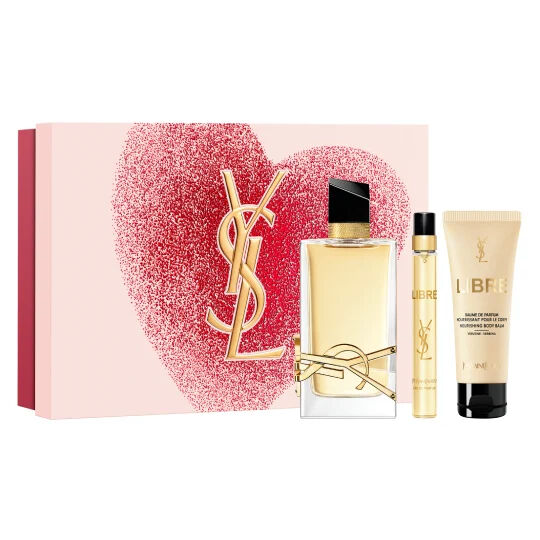 YSL Black Opium Eau de parfum 50ml, 10ml, and a lip-shaped mirror, with a red glitter heart background gift set.