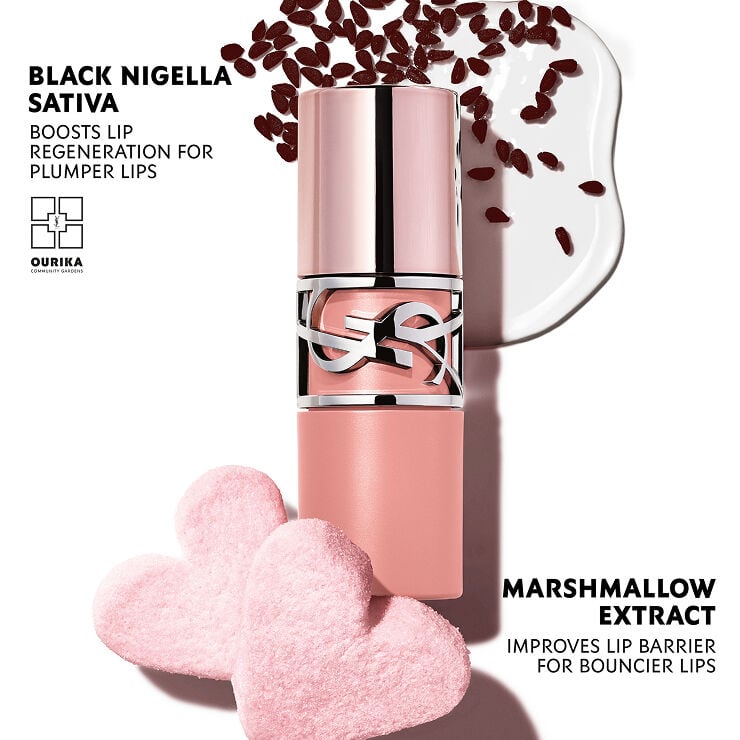YSL LOVENUDE LIP STAIN with Black
Nigella Sativa oil and pink heart
marshmallows.